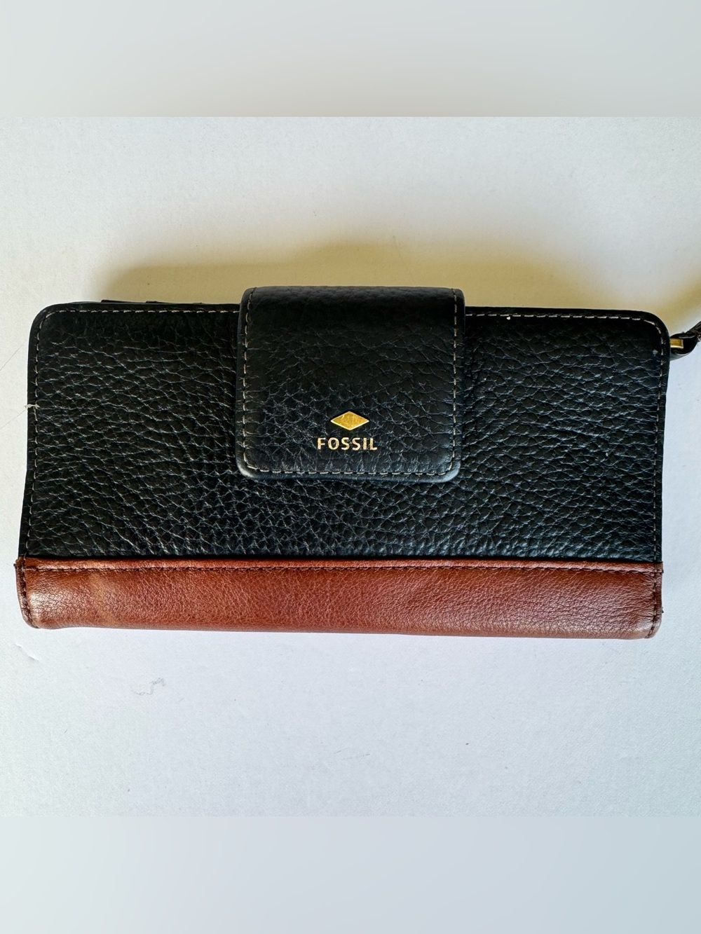 FOSSIL Black Brown Pebbled Genuine Leather Bifold Long Wallet